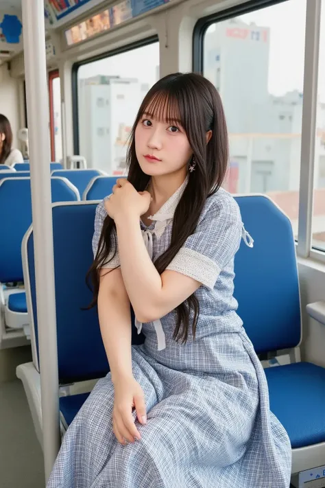 "A Japanese high school girl sitting on a seat inside a train. She is wearing a typical school uniform with a plaid skirt, white blouse, and a ribbon tie. Her long black hair is tied in a simple ponytail, and she looks out of the window with a calm express...