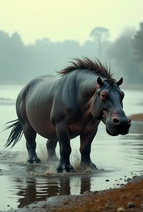 Create a hybrid creature that merges the robust body of a hippopotamus with the elegant yet powerful form of a horse. This beast has the thick, armor-like skin and massive frame of a hippo, but its legs are strong and agile like a horse’s, allowing it to m...