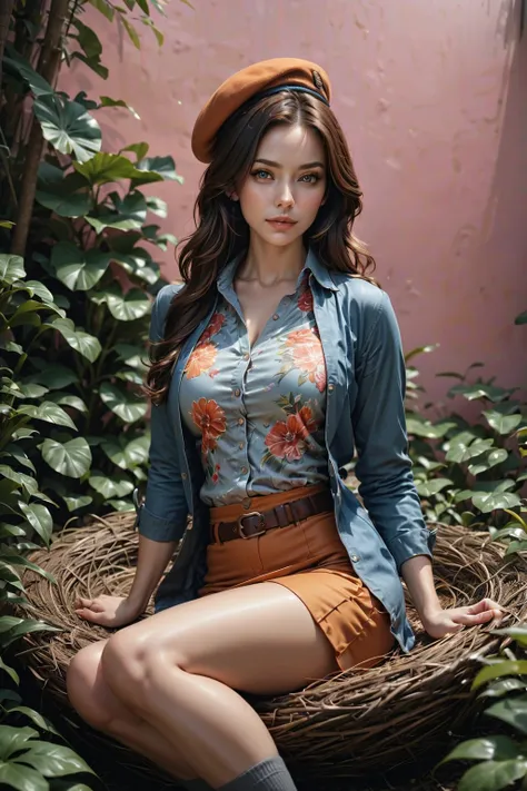 smiling adorble woman, sitting on nest seat, at garden, pink sky, BREAK, (swept-side bang, shoulder-length hair, brown hair, multicolored streaked hair, multicolored hilighted hair, orange beret), BREAK, ((blue-gray 3/4 sleeves collared shirt, floral patte...