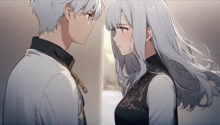 The two stare straight at each other、Women have silver hair