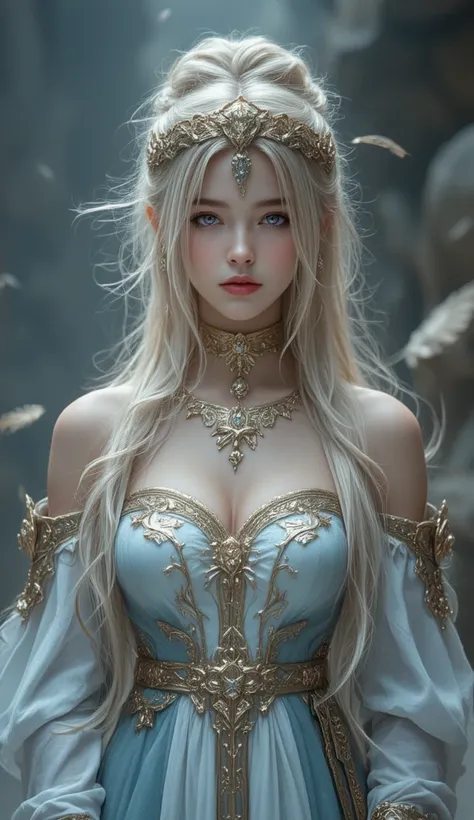 A young priest woman standing in an abyss dungeon、The name is Alice 、Tied up hairstyle、 braided hair、 uphair 、White gold hair color、Katyusha with a small crown、1 young girl in priest costume 、Light blue dress based on white（ OFF SHOULDER）、Light purple eyes...