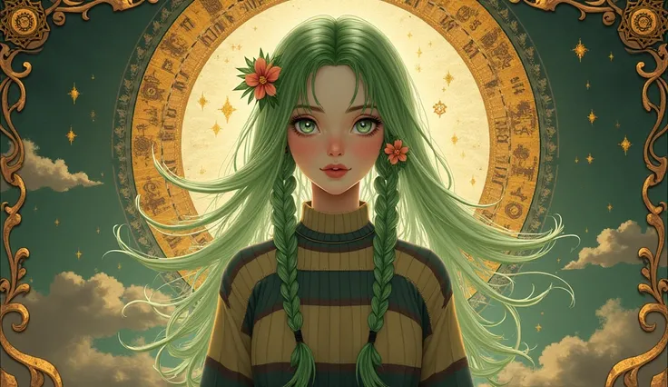 ( masterpiece striped sweater,  top quality ,   best quality, Official art,  Beautiful and Aesthetic:1.2), ( 1girl :1.3), (art fractal:1.3), Map, Tarot, green hair,  twin braids,  flower hair , (good lighting :1.1), (( High resolution)), Tarot Map style