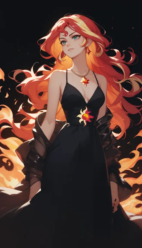 score_9, score_8_up, score_8, 
1girl, solo, female, woman
Sunset shimmer, black background,
Loose black gown, 
fire hair, hair made out of fire,