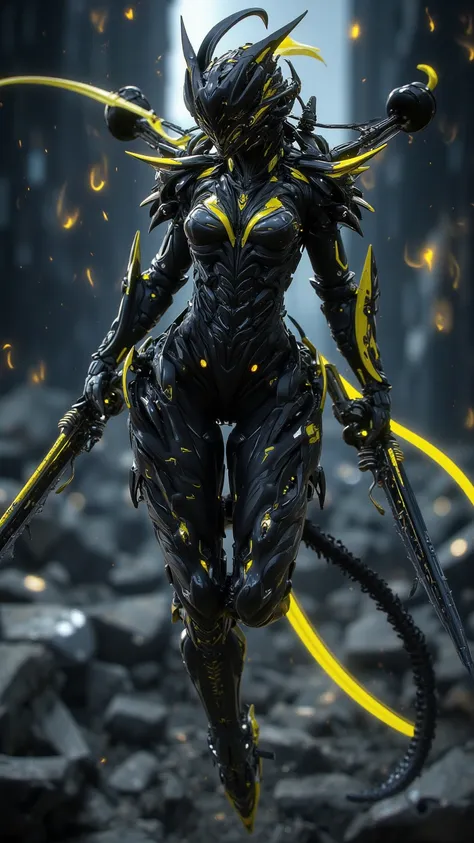  A futuristic portrait ，Depicting a starry-eyed space punk female knight， holding weapons jumping ， Black and yellow palette ， Battle-worn and elegant armor ，Background is rubble ， with depth of field and dynamic angles ， similar fashion photography ，sharp...