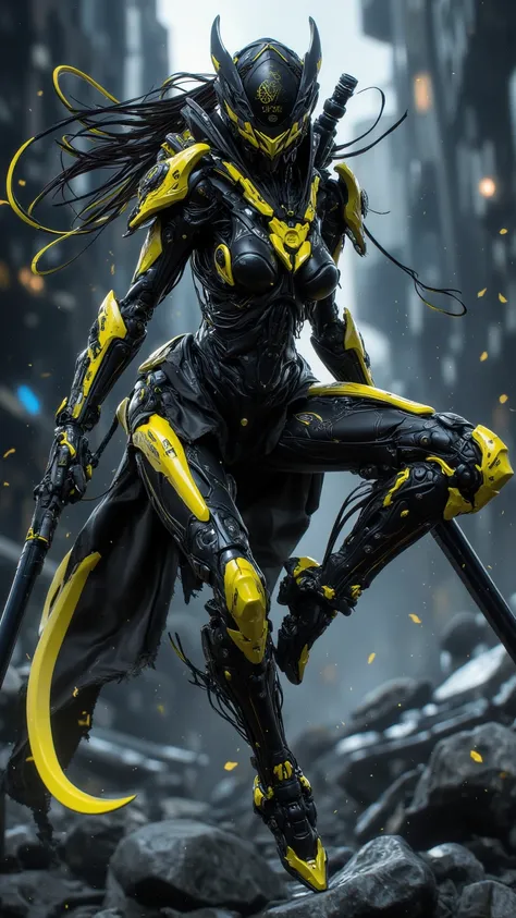  A futuristic portrait ，Depicting a starry-eyed space punk female knight， holding weapons jumping ， Black and yellow palette ， Battle-worn and elegant armor ，Background is rubble ， with depth of field and dynamic angles ， similar fashion photography ，sharp...