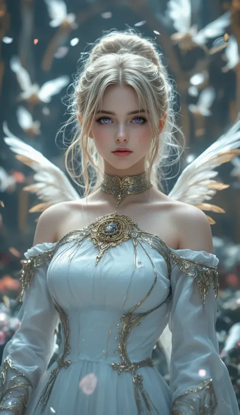 A young priest woman standing in an abyss dungeon、The name is Alice 、Tied up hairstyle、 uphair 、White gold hair color、Katyusha with a small crown、Light blue dress based on white（ OFF SHOULDER）、Light purple eyes、 Gold Accessory 、Wings floating around、Wings ...