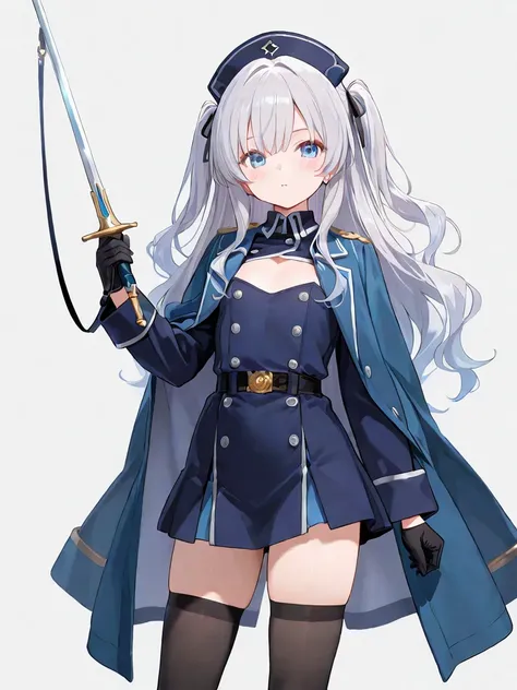 silver hair long hair wavy hair two side up princess cut blue eyes small chest headdress tall knee-high socks with weapon in one hand 20 year old sexy military uniform-like dress