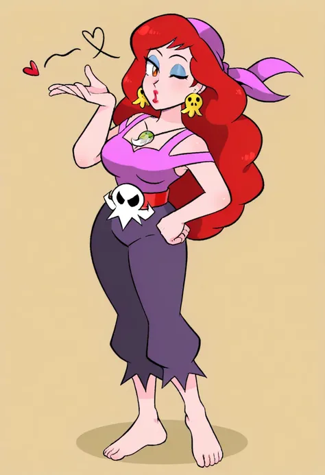 masterpiece, best quality, high resolution, absurdres, newest, (mature female:1.2)  1girl, solo Captain Syrup_(Nintendo), red hair, long hair,large breasts, necklace, octopus earrings, gold earrings, skull belt, red lipstick, bandana, makeup, purple bandan...