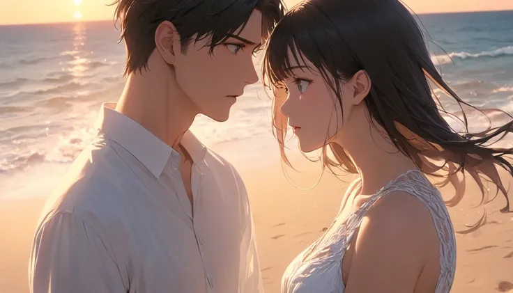  a 25-year-old woman and a 20-year-old man staring at each other on the beach at dusk、Both have serious expressions、 the man has black hair and a shirt 、 the woman is wearing a white dress 