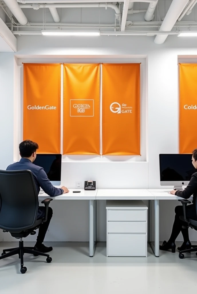 
“A modern and professional office space with black employees working at sleek white desks. The office has a clean, minimalist design with white walls, bright lighting, and ergonomic black office chairs. Three orange banners with corporate branding are mou...