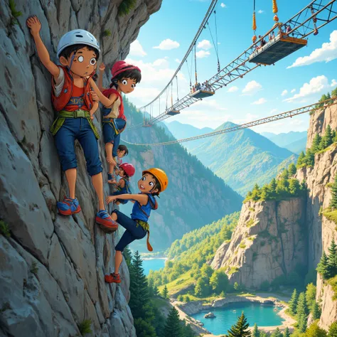 Can you generate a manga style image for me of a group of boys climbing with ropes and helmets on a rock wall and in the background an adventure park with suspended bridges!