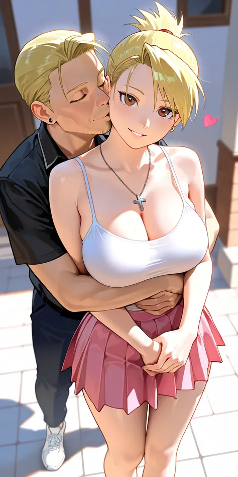 Masterpiece, newest, vibrant, very aesthetic, high contrast, old men, fat body, smile, hug from behind, kiss on the cheek, mature woman, riza hawkeye, high ponytail short hair, black cross pendant necklace, black cross pendant earing, white color spaghetti...