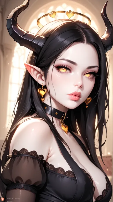 ( bedroom) A tiefling, posing, sadness,  realistic natural light , big , long black hair,  beautiful detailed lips ,  long lashes  , good anatomy, white skin, pale shiny sclera ,  seductive look , black tears , yellow halo,  shiny accents , red yellow eyes...