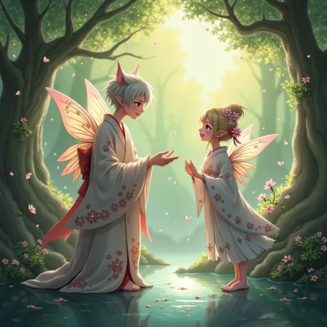  Please create Japanese male and female fairies。Video of them talking together