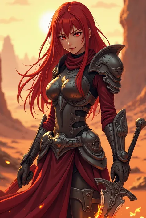  "4K anime style, digital drawing mode, War-themed anime female character, fiery red hair with black highlights, intense red eyes, wearing an armored outfit adorned with swords and shields, holding a flaming sword, background of a desolate Martian landscap...