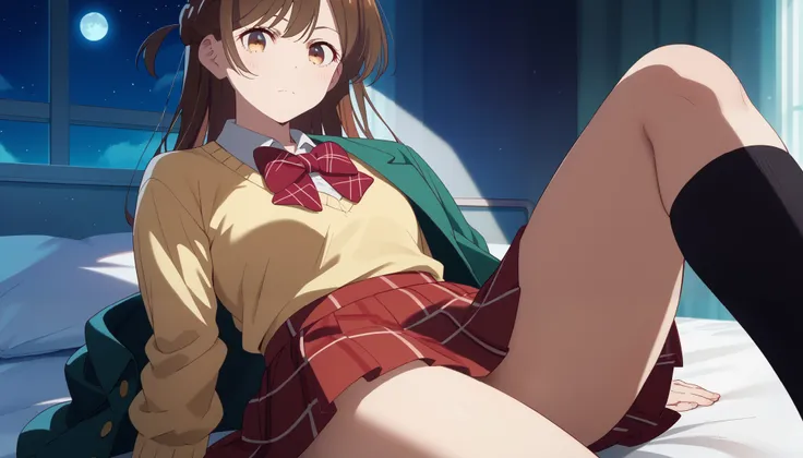  Staring at the Audience, Alone, Chizuru Ichinose, 1 girl, brown hair, long hair, french braid, brown eyes,  school's, green jacket, yellow sweater , bow tie,  Plaid Skirt , red skirt,  BLACK SOCKS, In a completely dark infirmary, bed,  window_,Midnight ci...