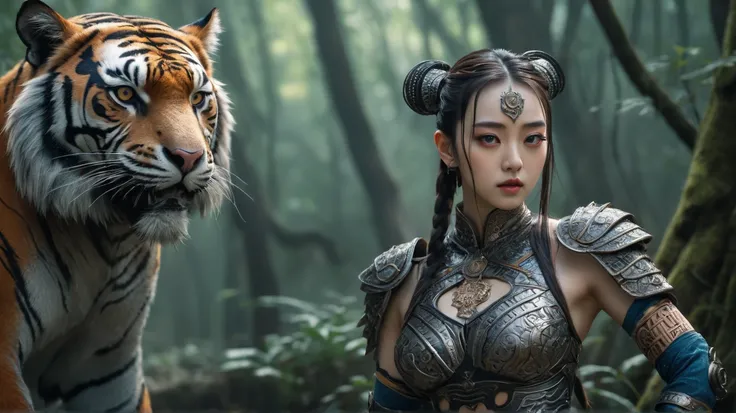 dilraba dilmurat a gorgeous korean woman with hyper detailed patterns in her sexy erotic exotic ancient ninja armored outfit, standing in a mystic forest, with a cinematic and realistic look, featuring extremely detailed eyes and face, beautiful detailed l...