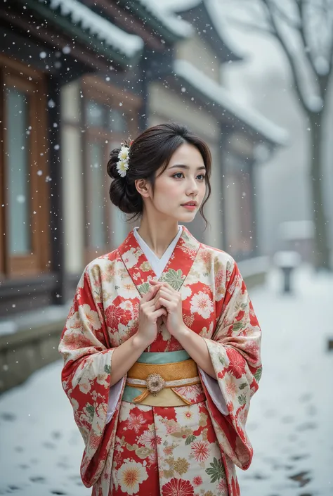 cinematic pictures creeping in between , 1 girl, 20 years old, Japanese kimono, smile, snow, 35mm Photography , membrane, Bokeh, very detailed, ( by Nomi, photo by Nomi, RAW photos :1.4), ( top quality, Masterpiece, Representative works, Official Ar...