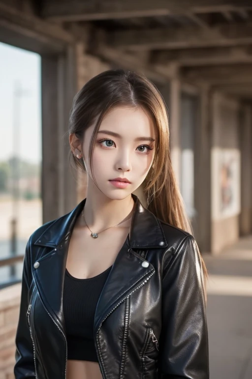 One Girl , Alone, face, portrait , long hair, ponytail, blondes, green eyes, big breasted , ( black leather jacket :1.2) , clevis on a stone, School, Empty , Stares at Viewers ,