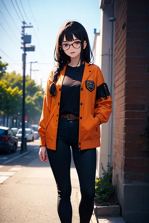 a tall girl with long black hair styled in a mullet with the longer ends tied into a braid, dark green eyes wearing a pair or round glasses wirh orange lens. her outfit is an orange jersey style jacket over a pair of navy blue jackets and pants accompained...