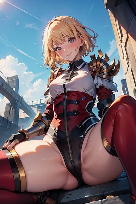 (( top quality)), (( Masterpiece)), (  Details),  1 girl,  sexy, embarrassed, blush, chahae-in, short_hair, bangs, bob_cut, Blonde_hair, red armor, black collar, shoulder armor, long sleeves, gauntlets, white pelvic curtain, red leggings, undressing, half ...