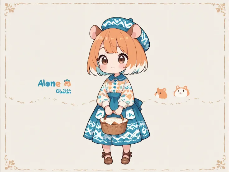 cute　Illustration,(Hamuko-chan ,Hamster girl, 1girl ,Alone,full　body,cream-colored hair,Make bangs,Scandinavian pattern clothes and hats,hamster ears),There is a hamster beside her,Holding a woven basket filled with bread