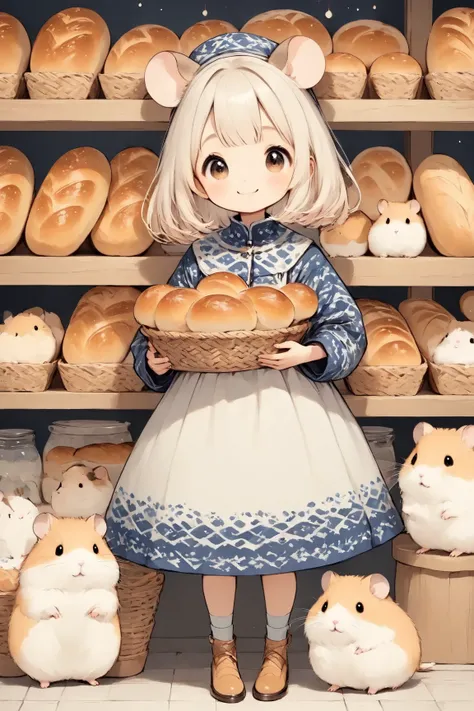 cute　Illustration,(Hamuko-chan ,Hamster girl, 1girl ,Alone,full　body,cream-colored hair,Make bangs,Scandinavian pattern clothes and hats,hamster ears),There is a hamster beside her,Holding a woven basket filled with bread