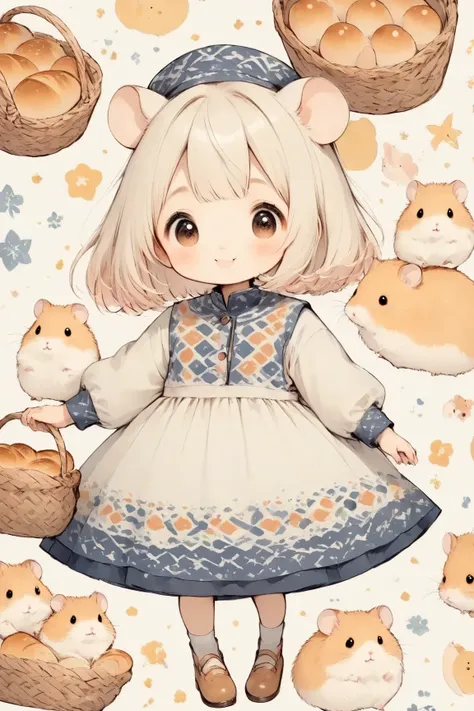 cute　Illustration,(Hamuko-chan ,Hamster girl, 1girl ,Alone,full　body,cream-colored hair,Make bangs,Scandinavian pattern clothes and hats,hamster ears),There is a hamster beside her,Holding a woven basket filled with bread