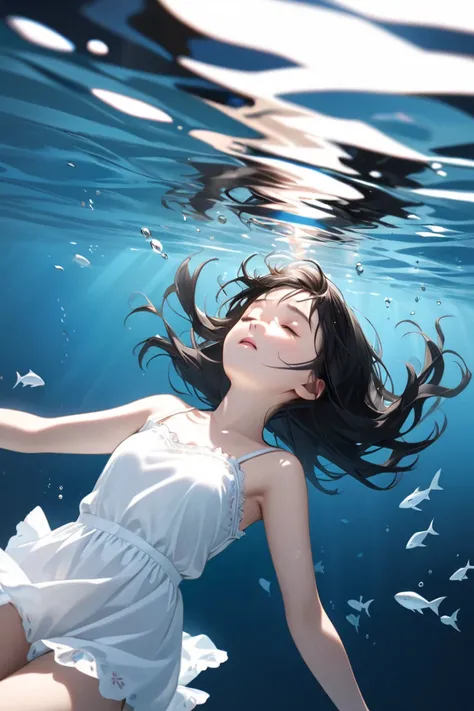 Ultra-realism
junior girl
lost consciousness
closed eyes
floating
underwater
black hair
white camisole
small chest
knees
look up