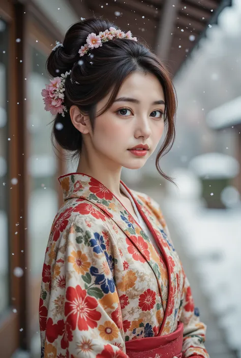 cinematic pictures creeping in between , 1 girl, 20 years old, Japanese kimono, smile, snow, 35mm Photography , membrane, Bokeh, very detailed, ( by Nomi, photo by Nomi, RAW photos :1.4), ( top quality, Masterpiece, Representative works, Official Ar...