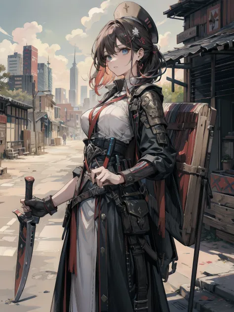 earring, huge breasts, wavy hair, hair behind ear, very short hair, updo, hair ornament, (black hair:1.2), cowboy shot, outdoor, in the desert, large metal hat, Cyborg, samurai armor, 