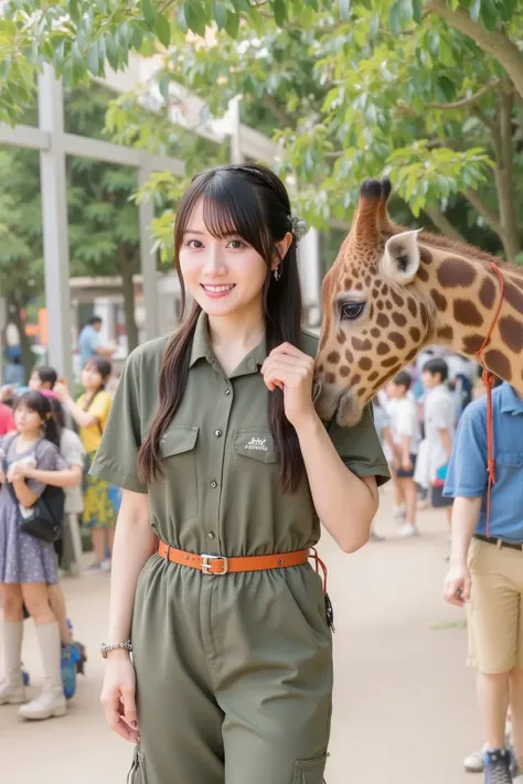 "A Japanese woman working as a zookeeper in a zoo. She is wearing a practical zookeeper uniform, consisting of a green or beige shirt, cargo pants, and sturdy boots. She has short black hair tied back in a ponytail and is smiling while interacting with an ...