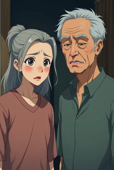 Picture of two older Anime parents together looking afraid 