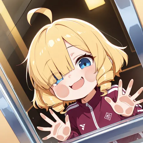 ultra-detailed, detailed face, upper body, 

solo Chibi Character, a girl, blonde, short hair, ahoge, drill hair, blunt bangs, smug expression, blonde, short hair, drill hair, drill sidelocks, hair over one eye, blue eyes, slant eyes, narrow eyes, open mou...