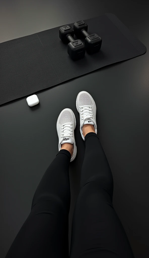 A first-person perspective of a woman in a gym setting, showing off your legs dressed in black sports leggings and modern white Nike sneakers. On the dark floor ,  there is a black yoga mat , two dumbbells and a white case of wireless headphones.  The ligh...