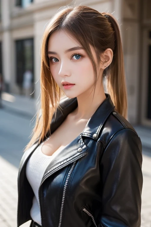 One Girl , Alone, face, portrait , long hair, ponytail, blondes, green eyes, big breasted , ( black leather jacket :1.2) , clevis on a stone, School, Empty , Stares at Viewers ,