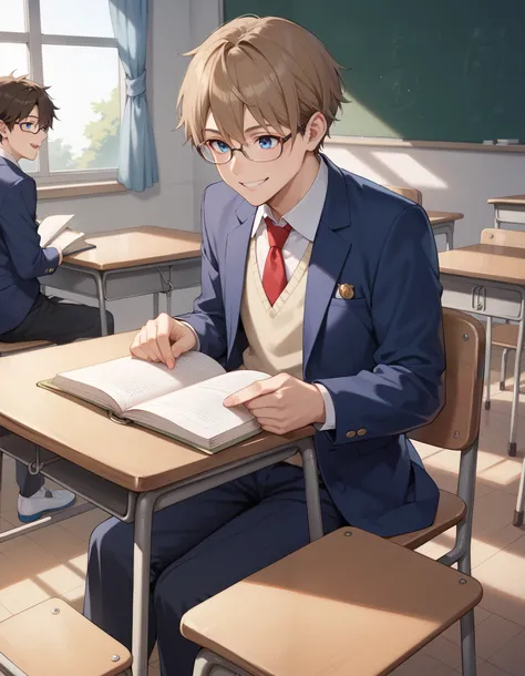 Masterpiece, hires, 1boy, brown hair, blue eyes, smile, wearing glasses, wearing dark blue blazer, white collared shirt, red necktie, sweater vest, Sitting on chair, school desk, reading book, a book on desk, indoor, classroom, smile