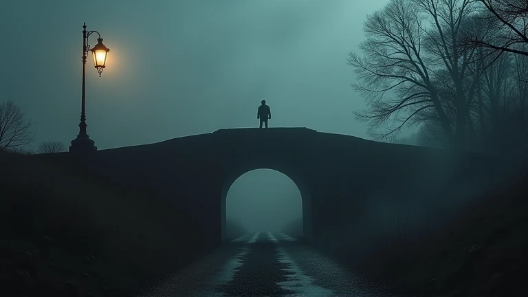 Create a dramatic, eerie scene set in a dark, foggy landscape. Depict an ancient stone bridge partially illuminated by a dim, flickering old lamppost. In the foreground, place a shadowy silhouette of a man or a vague, ghostly face, evoking mystery and loss...