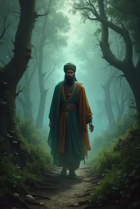 Sultan Mahmud Lost in the Forest*: An image of Sultan Mahmud in a dense, misty forest, looking confused and searching for a way out.