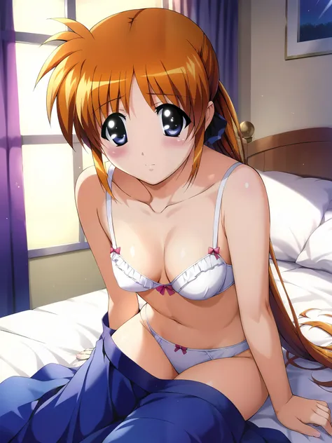 Nanoha, (cowboy shot),  Tiny Breasts , cleavage, (Sexy white lingerie), (blush), (shy:1.2), ( is fascinated:1.2), ( sexy pose:1.2), (sitting on the bed:), (bedroom:1.2), ( love hotel:1.2), (night:1.2),  score_9,  score_8_superior,  score_7_superior,  sourc...