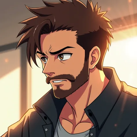 A handsome anime-style man with brown hair and a well-groomed full beard, looking to the side with a strained, deeply focused expression, as if struggling with a difficult task. His slightly messy yet stylish hair has strands falling over his forehead. His...