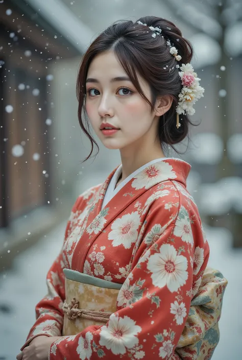 cinematic pictures creeping in between , 1 girl, 20 years old, Japanese kimono, smile, snow, 35mm Photography , membrane, Bokeh, very detailed, ( by Nomi, photo by Nomi, RAW photos :1.4), ( top quality, Masterpiece, Representative works, Official Ar...