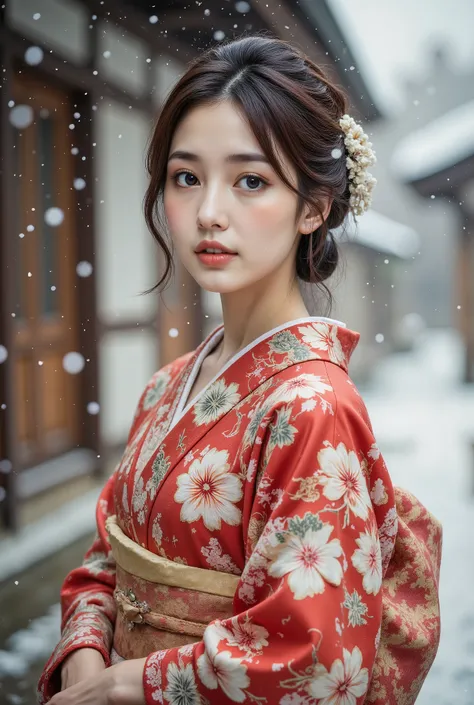 cinematic pictures creeping in between , 1 girl, 20 years old, Japanese kimono, smile, snow, 35mm Photography , membrane, Bokeh, very detailed, ( by Nomi, photo by Nomi, RAW photos :1.4), ( top quality, Masterpiece, Representative works, Official Ar...