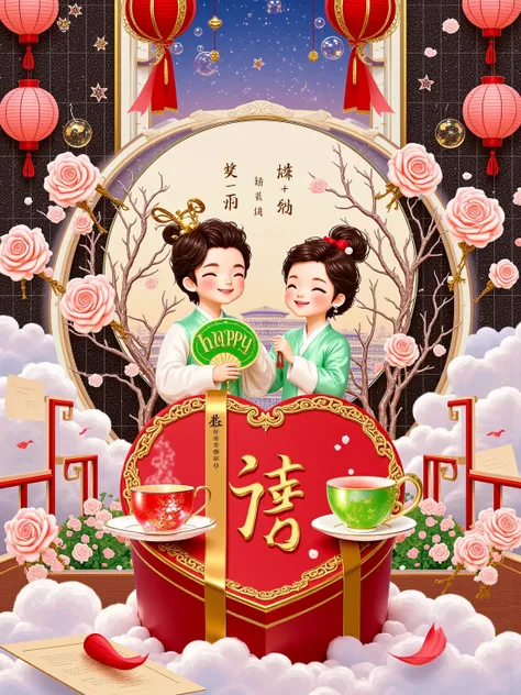 Ink style，Texture base of rice paper，Negative space presents the composition of Tai Chi Yin and Yang。Couple wearing Hanfu holding round fans and leaning against the red railing，Girl holding a red string to tie the intertwined branches，Boy holding a green p...