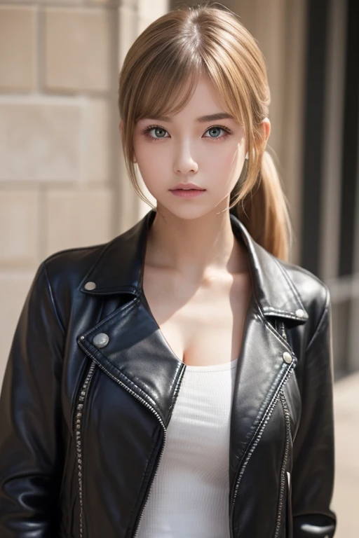 One Girl , Alone, face, portrait , long hair, ponytail, blondes, green eyes, big breasted , ( black leather jacket :1.2) , clevis on a stone, School, Empty , Stares at Viewers ,