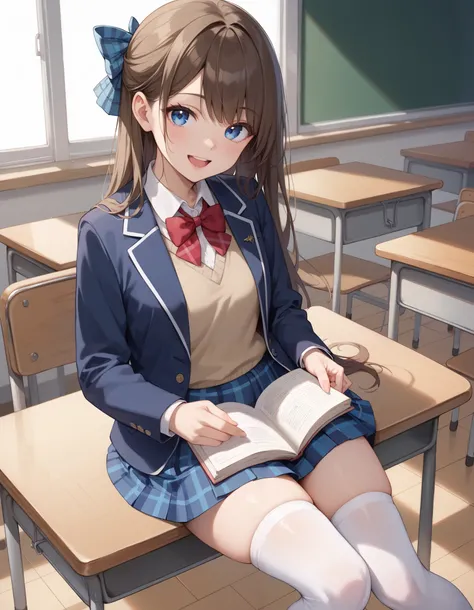 Masterpiece, hires, best quality, cute girl, small breasts, short girl, 1girl, brown hair, long hair, hair bow, wearing white collared shirt, wearing red bowtie, dark blue blazer, dark blue plaid skirt, wearing brown sweater vest, white thighhighs, blue ey...