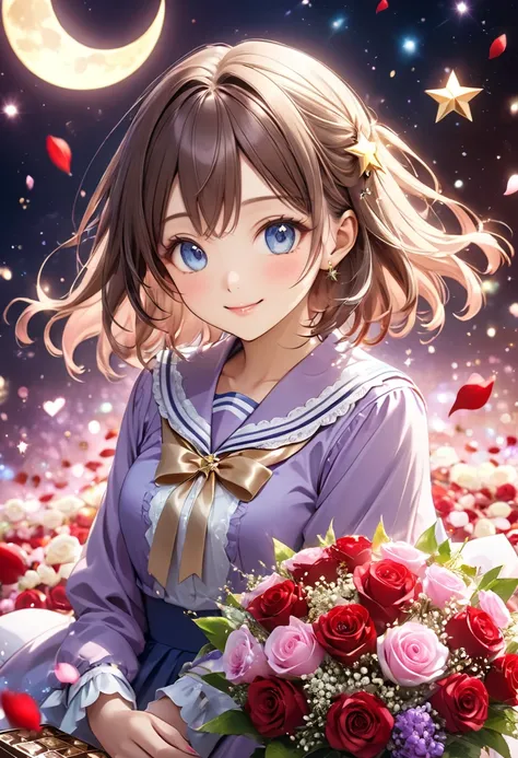 Dreamy anime-style illustration of a 20 year old beautiful woman with short bob chestnut-colour brown hair with soft highlights. The hair color is a beautiful gradation from dark maroon to light maroon。 hair has a soft luster 、Expresses a natural sense of ...