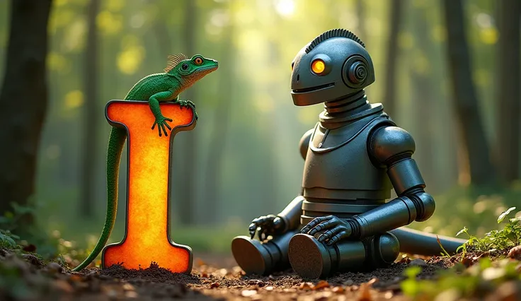 Character: Iron Giant (The Iron Giant)
Animal: Iguana
Design: A metallic colorful letter "I" shaped like the Iron Giant, iron giant sitting on the ground (highlight the letter "I". Add a bright green iguana climbing up the side of the letter.
Background: A...