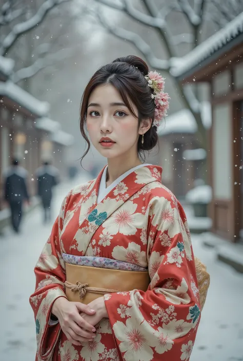 cinematic pictures creeping in between , 1 girl, 20 years old, Japanese kimono, smile, snow, 35mm Photography , membrane, Bokeh, very detailed, ( by Nomi, photo by Nomi, RAW photos :1.4), ( top quality, Masterpiece, Representative works, Official Ar...