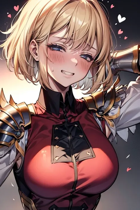 (( top quality)), (( Masterpiece)), (  Details),  1 girl,  sexy, embarrassed, blush, chahae-in, short_hair, bangs, bob_cut, Blonde_hair, red armor, black collar, shoulder armor, long sleeves, gauntlets, white pelvic curtain, red leggings, undressing, half ...